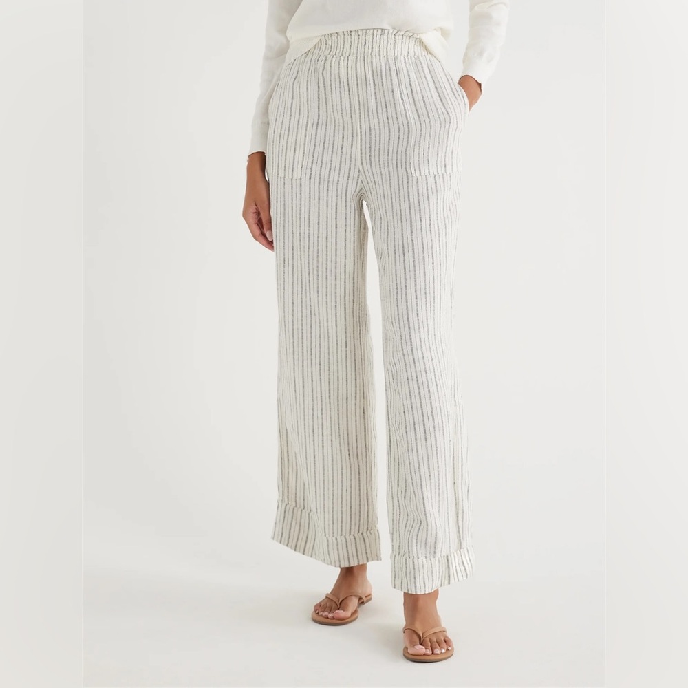 Time and Tru White/Black Striped Linen Pants, Size L 12-14, Excellent